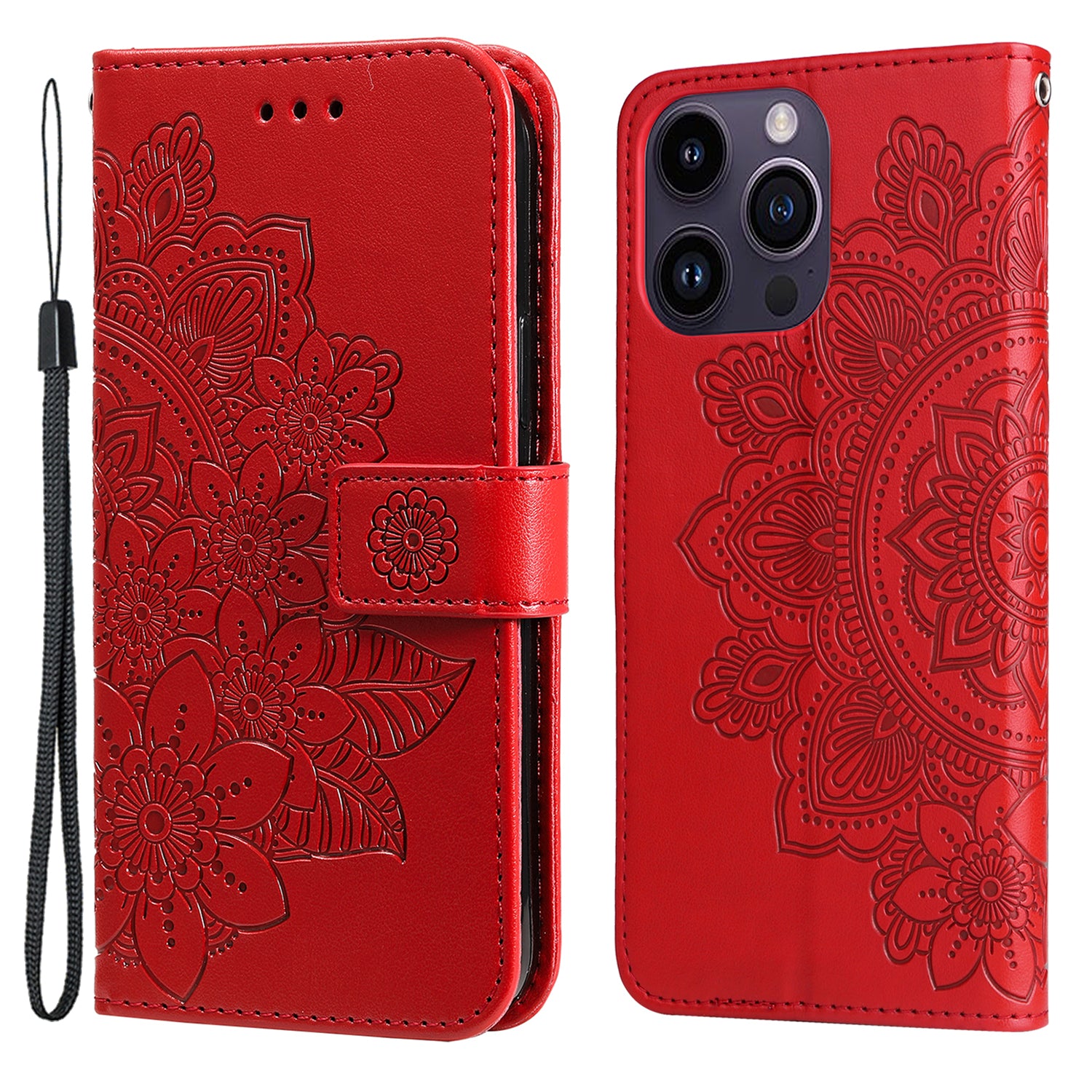 Uniqkart for iPhone 15 Pro Imprinted Flower Pattern Phone Stand Case Wallet Phone Shell PU Leather Cover - Red Uniqkart for iPhone 15 Pro Imprinted Flower Pattern Phone Stand Case Wallet Phone Shell PU Leather Cover - Red